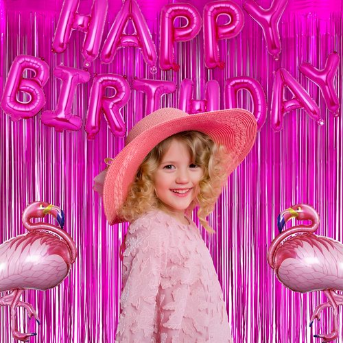 Hot Pink Party Streamers Backdrop - GREATRIL Shiny Fuchsia Tinsel Foil Fringe Curtain for Birthday/Flamingo/Fancy/Galentine/Breast Cancer Awareness Decorations - 3.2ft X 8.2ft - 2 Packs