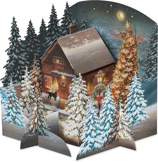 American Greetings 3D Holiday Card - Rustic Cottage Scene in Winter Pine Forest | Designed by Jacquie Lawson