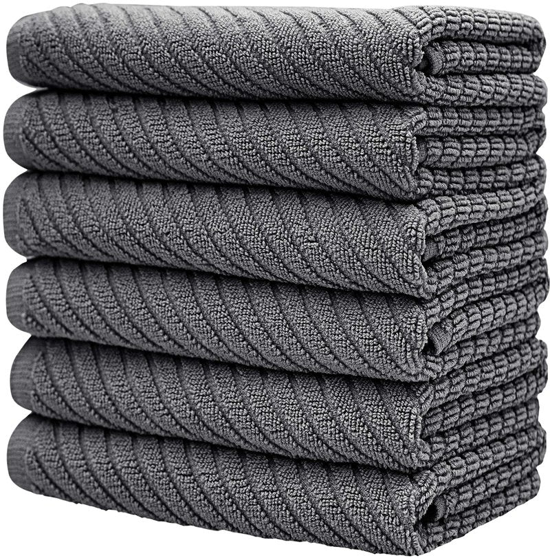 Premium Kitchen Towels (16”x 25”, 6 Pack) | Large Cotton Kitchen Hand Towels | Dish Towels | Diagonal Weave Design | 445 GSM Highly Absorbent Tea Towels Set with Hanging Loop | Grey