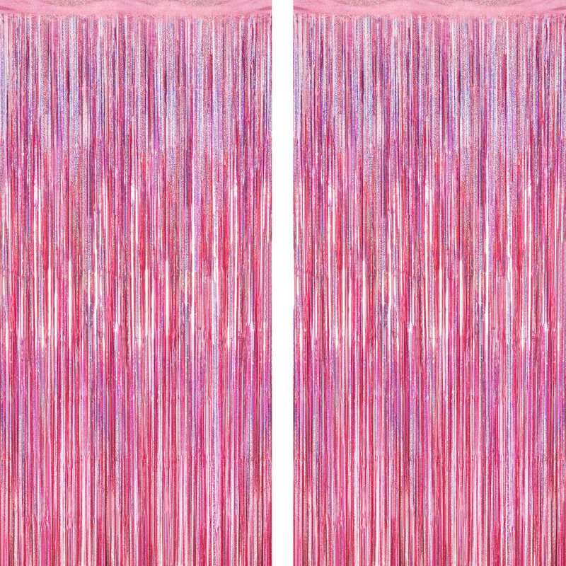 2 Pack Glitter Pink Backdrop, 3.28 FT x 7.05 FT Birthday Party Decorations, Laser Pink Fringe Curtains Foil Streamer Tinsel, Pink Curtains Photo Backdrop Happy Birthday Valentines Day Backdrop