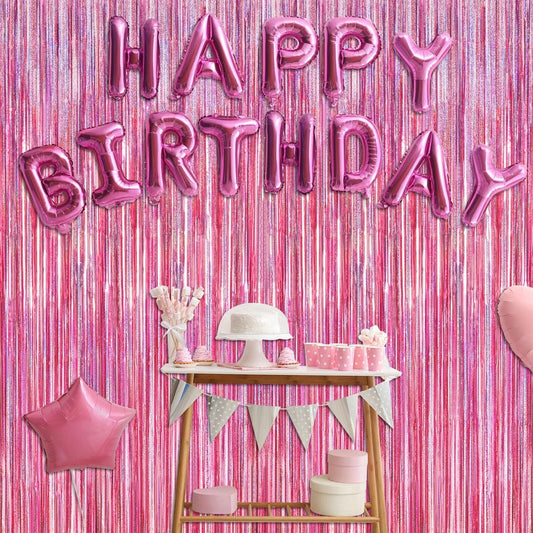 2 Pack Glitter Pink Backdrop, 3.28 FT x 7.05 FT Birthday Party Decorations, Laser Pink Fringe Curtains Foil Streamer Tinsel, Pink Curtains Photo Backdrop Happy Birthday Valentines Day Backdrop
