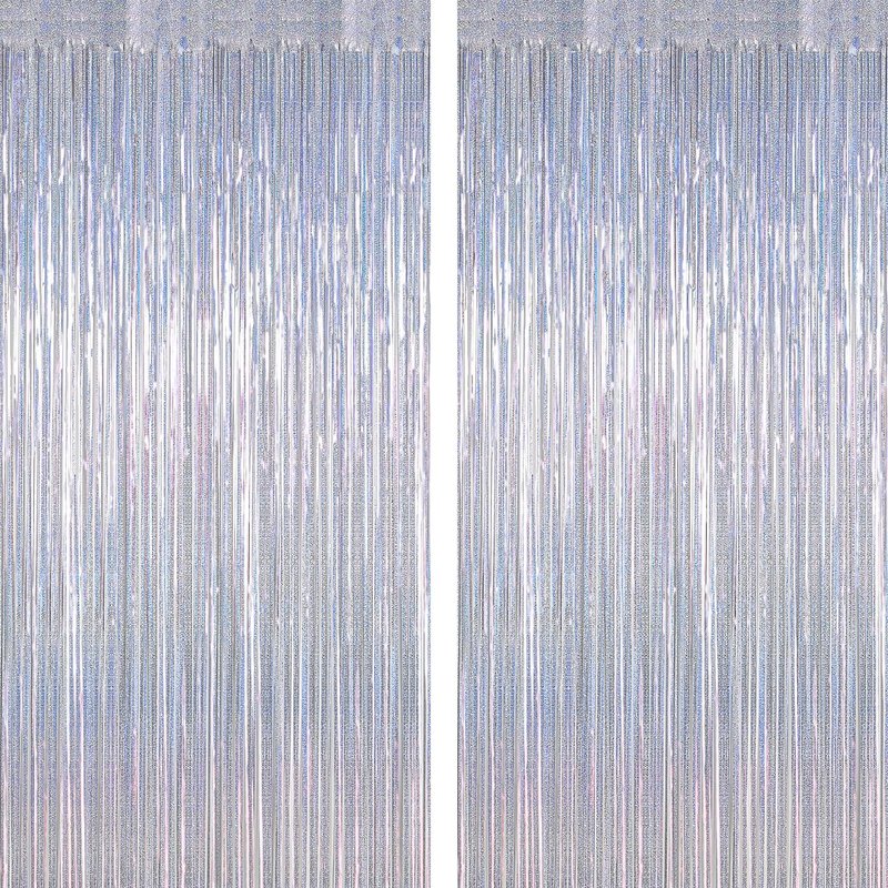 2 Pack Silver Metallic Tinsel Foil Curtains, 3.28 FT x 7.05 FT Glitter Silver Fringe Curtains, New Year Door Streamer Tinsel Backdrop Photo Booth for NYE Party Birthday Engagement Party Decorations